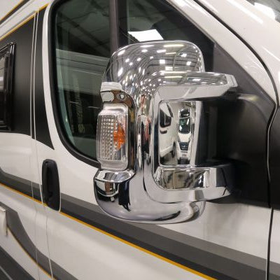 Milenco chrome short-arm mirror covers fitted to a white van — stylish protective covers – Crystal Clear Visibility: Milenco Mirror Covers – Chrome – Short Arm Mirrors – Pair (5449) – Ducato/Relay/Boxer 2007+ Explained