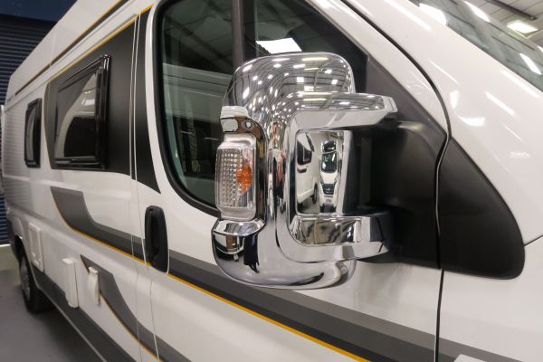 Milenco chrome short-arm mirror covers fitted to a white van — stylish protective covers – Crystal Clear Visibility: Milenco Mirror Covers – Chrome – Short Arm Mirrors – Pair (5449) – Ducato/Relay/Boxer 2007+ Explained