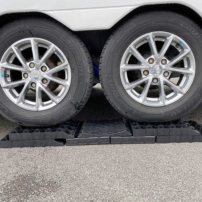 Milenco Stacka Level 9 levelling set in use under two caravan wheels — multi-level ramp for serious height differences – Top 10 Stacka Level Systems & Corner Feet Every Caravan Owner Needs