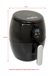 Swiss Luxx 2ltr air fryer with dimensions labelled - 21cm wide, 27.5cm tall