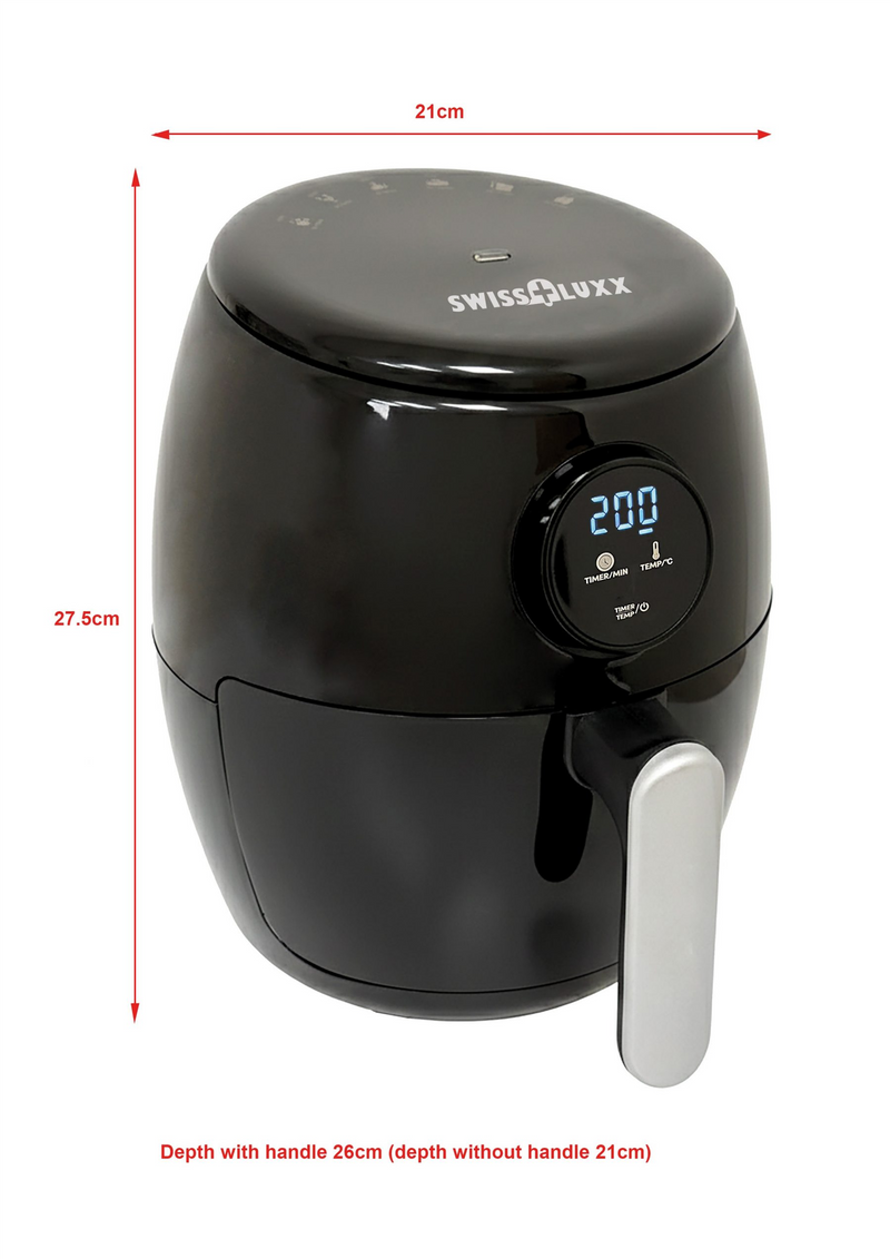 Swiss Luxx 2ltr air fryer with dimensions labelled - 21cm wide, 27.5cm tall