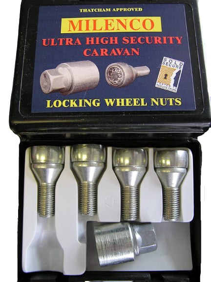 Milenco Bailey Locking Wheel Bolts – Caravan Set of 4 (Fits Bailey 2007-On) | Thatcham & Sold Secure Approved - Milenco security products offering high-level protection for caravans and motorhomes, including wheel locks, hitchlocks and door locks - My Milenco