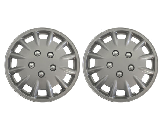 Pair of Milenco silver 14 inch wheel trims, front view